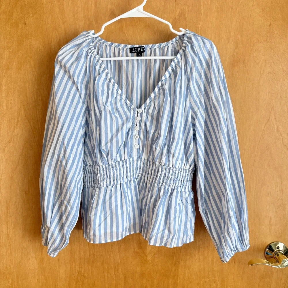 J.Crew Blue White Striped Smocked Waist Peplum Blouse Top BR797 Womens Small‎